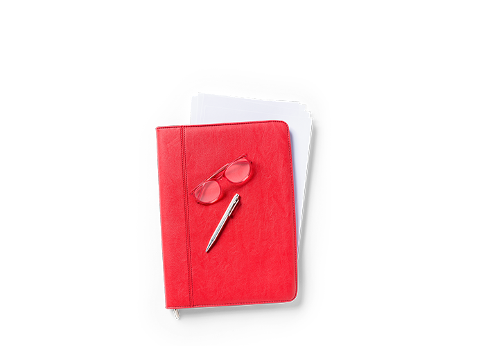 Rote Mappe mit Formularen, Brille und Stift